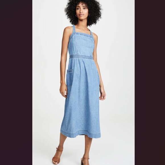 Madewell Denim Apron Midi Dress Button Pockets Size 0 - Picture 1 of 3